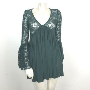Free People XS Green Mini Dress Belt Sleeve